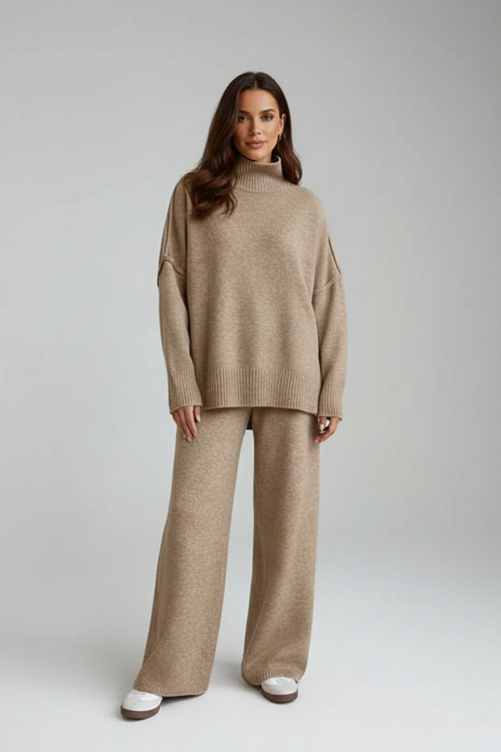 Women’s Knitted Set with Polo Neck Jumper and Wide-Leg Trousers - Image 2