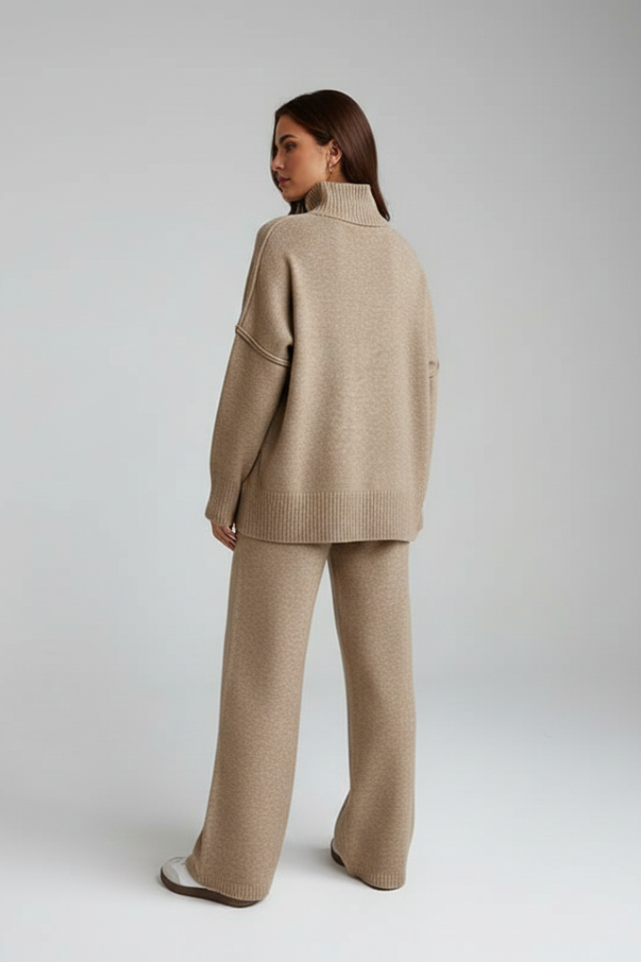 Women’s Knitted Set with Polo Neck Jumper and Wide-Leg Trousers - Image 3