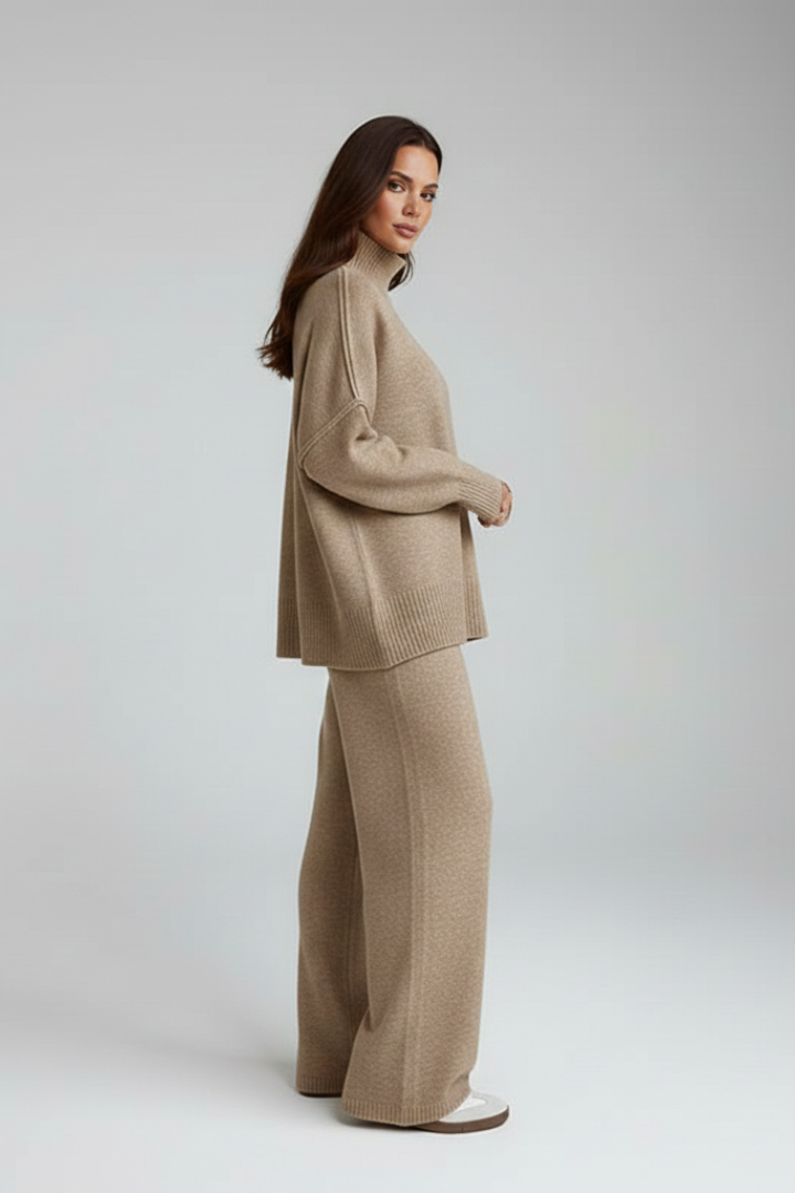 Women’s Knitted Set with Polo Neck Jumper and Wide-Leg Trousers - Image 4