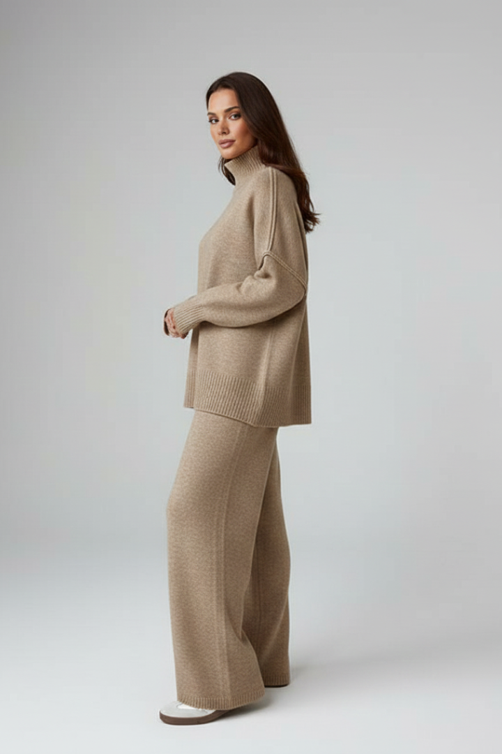 Women’s Knitted Set with Polo Neck Jumper and Wide-Leg Trousers - Image 5