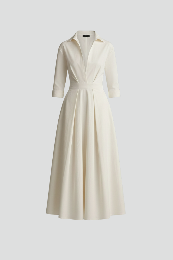 Women's collared midi dress with plunging V-neckline and full pleated skirt