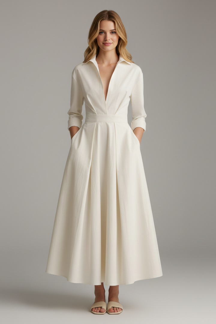 Women's collared midi dress with plunging V-neckline and full pleated skirt