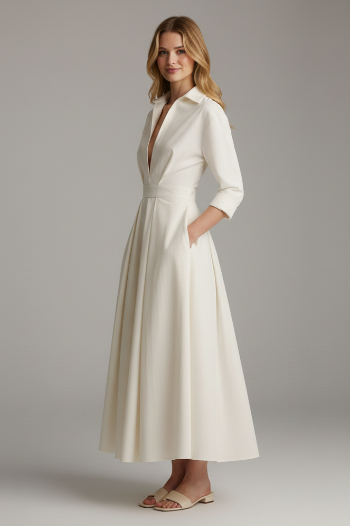 Women's collared midi dress with plunging V-neckline and full pleated skirt