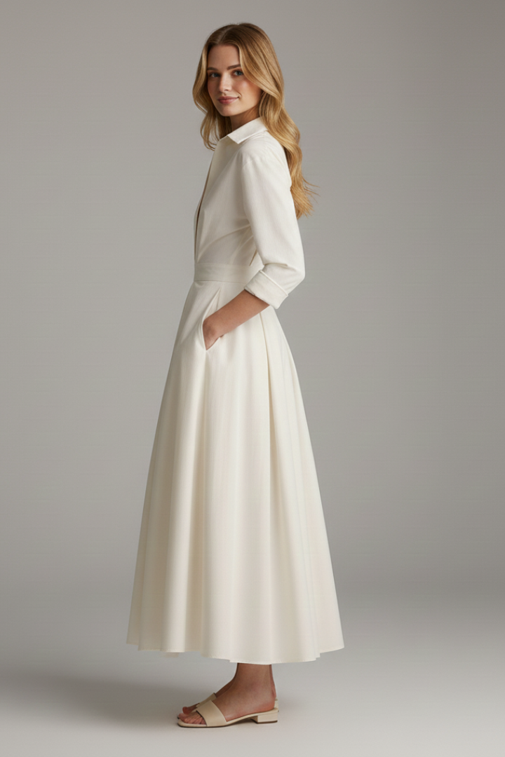 Women's collared midi dress with plunging V-neckline and full pleated skirt
