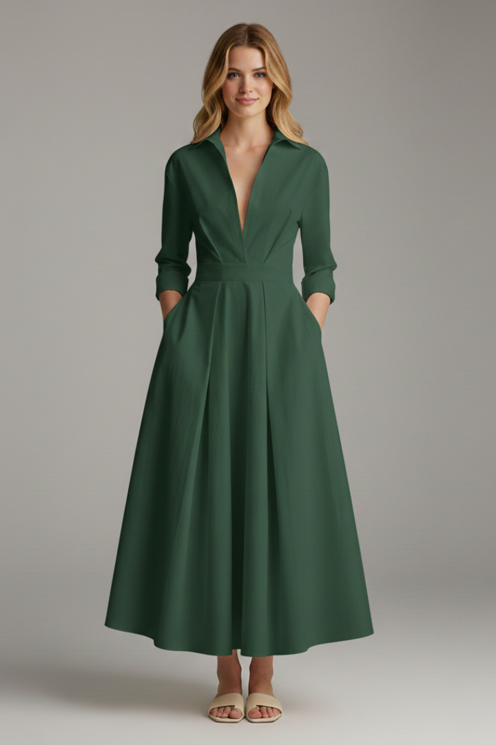 Women's collared midi dress with plunging V-neckline and full pleated skirt