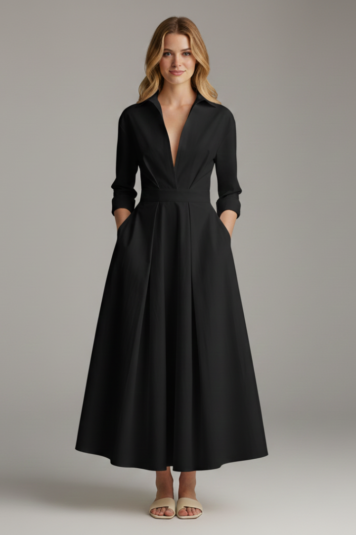 Women's collared midi dress with plunging V-neckline and full pleated skirt