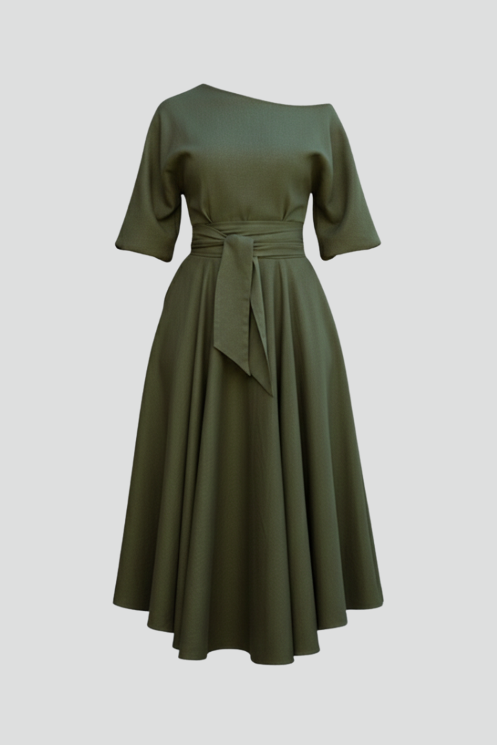 Women's off-shoulder midi dress with 3/4 sleeves and tie waist