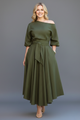 Women's off-shoulder midi dress with 3/4 sleeves and tie waist