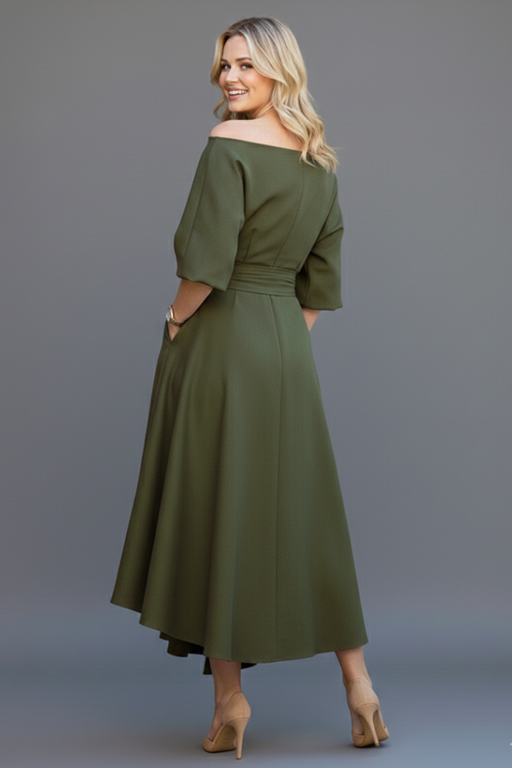 Women's off-shoulder midi dress with 3/4 sleeves and tie waist