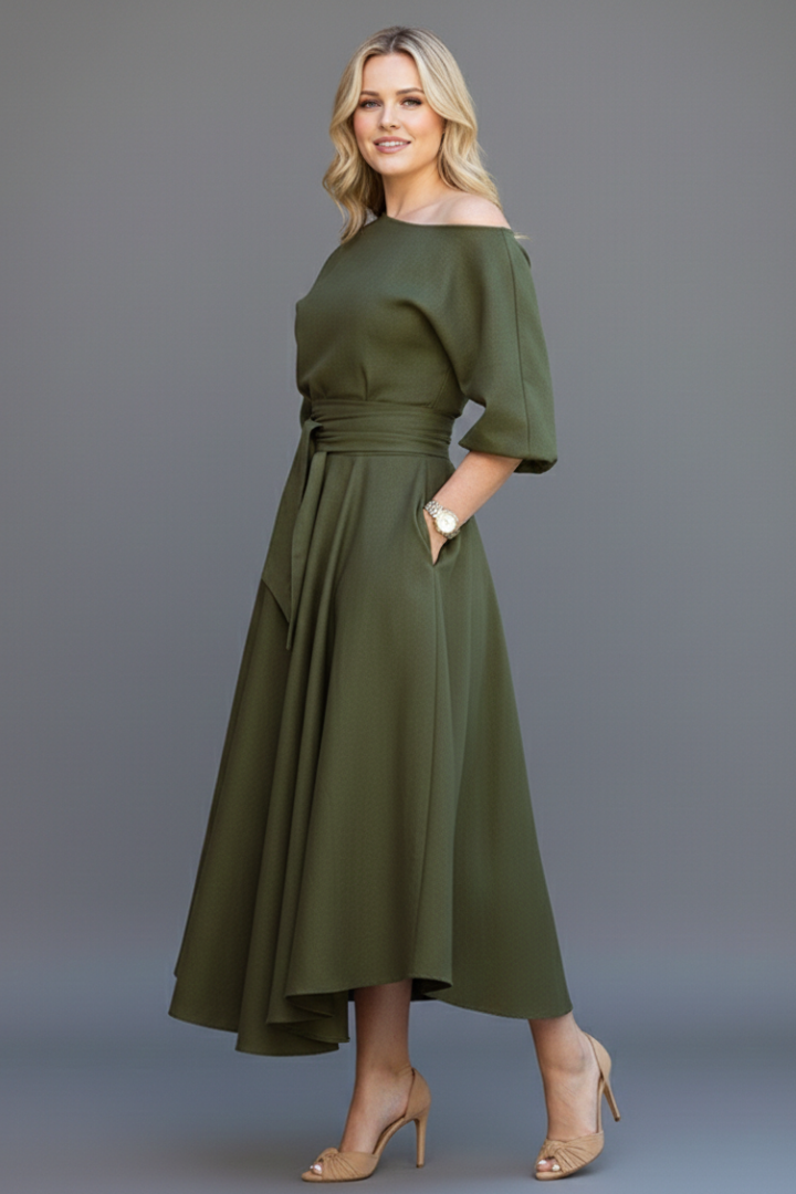 Women's off-shoulder midi dress with 3/4 sleeves and tie waist