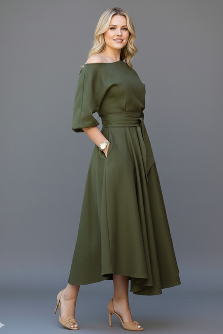 Women's off-shoulder midi dress with 3/4 sleeves and tie waist