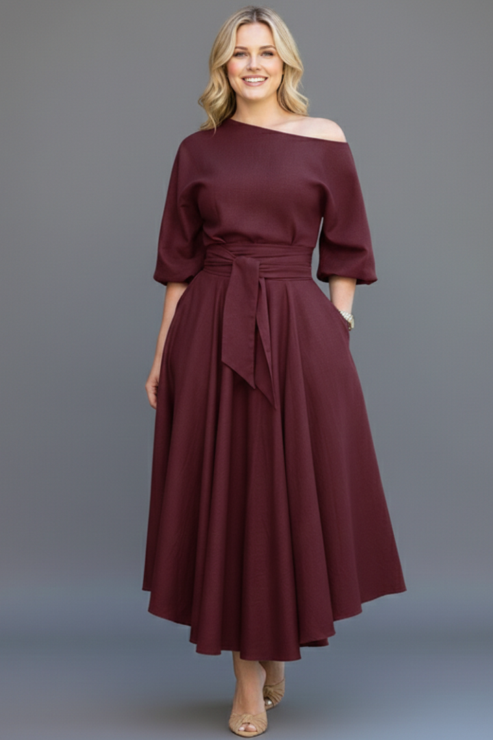 Women's off-shoulder midi dress with 3/4 sleeves and tie waist