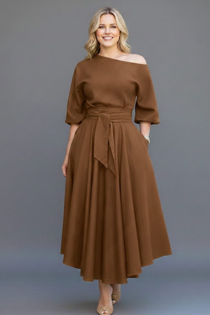 Women's off-shoulder midi dress with 3/4 sleeves and tie waist