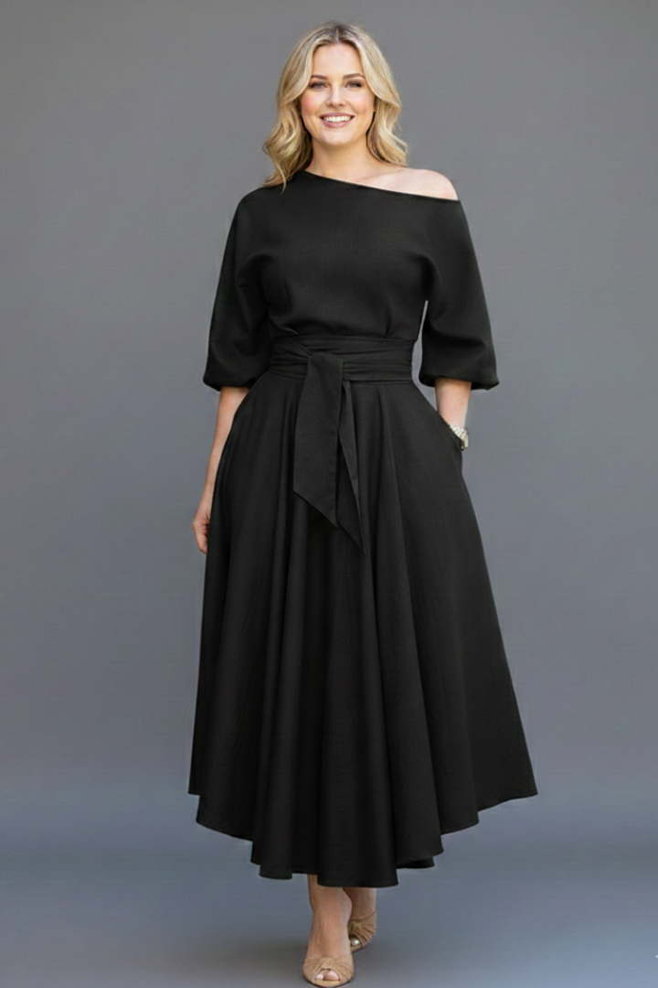 Women's off-shoulder midi dress with 3/4 sleeves and tie waist