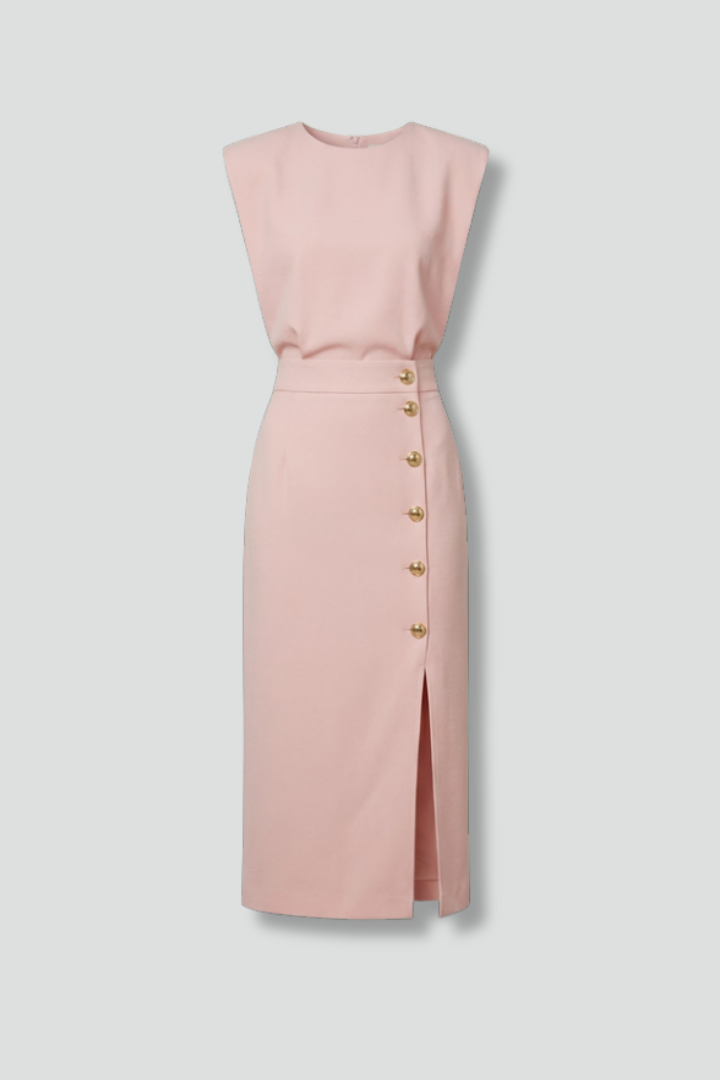 Women's Round Neck Midi Dress — Sleeveless Button Slit Summer Dress