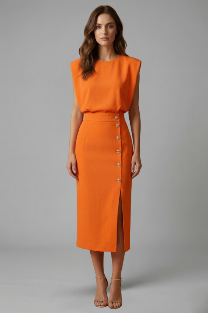 Women's Round Neck Midi Dress — Sleeveless Button Slit Summer Dress