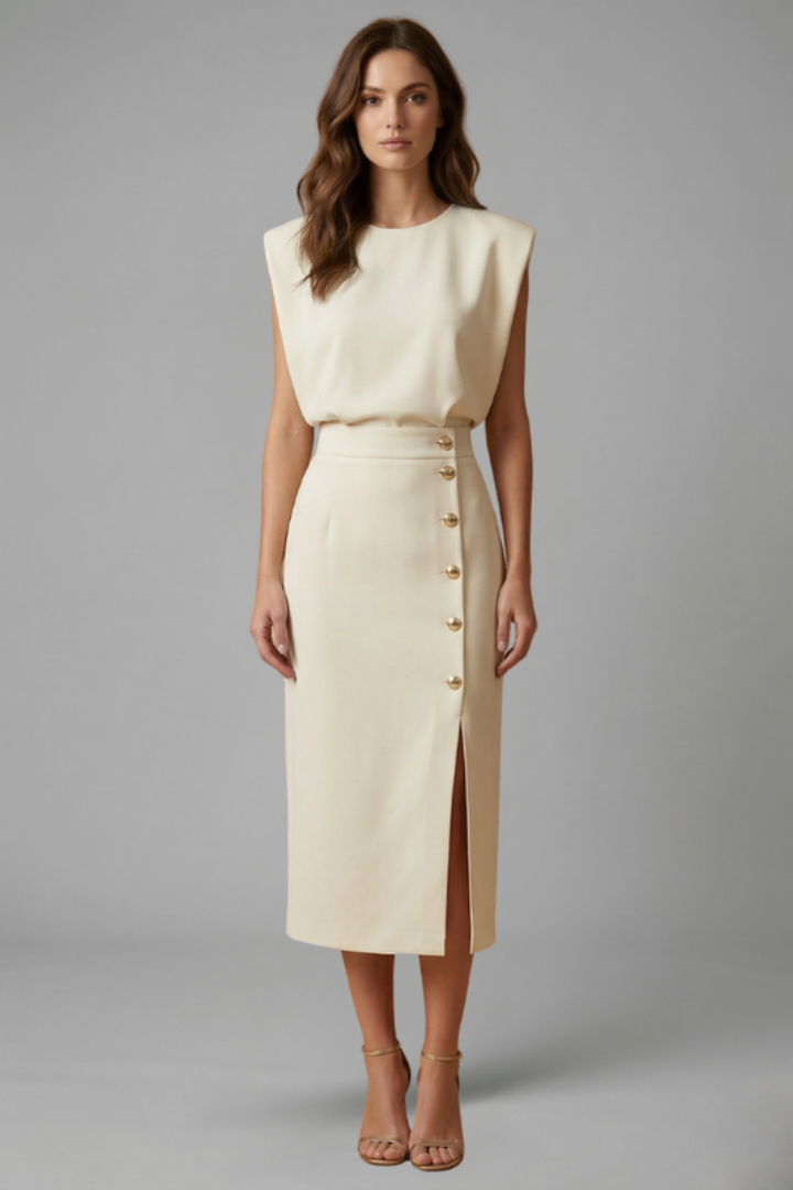 Women's Round Neck Midi Dress — Sleeveless Button Slit Summer Dress