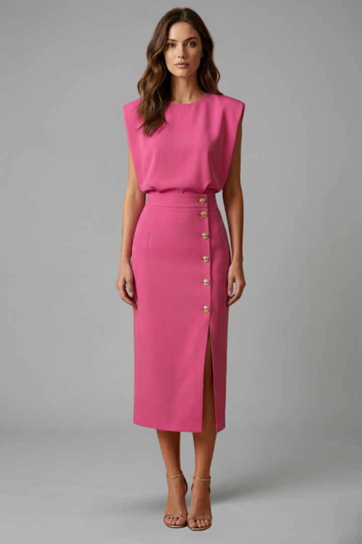 Women's Round Neck Midi Dress — Sleeveless Button Slit Summer Dress