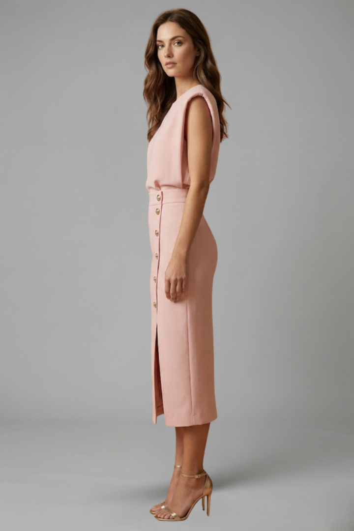 Women's Round Neck Midi Dress — Sleeveless Button Slit Summer Dress