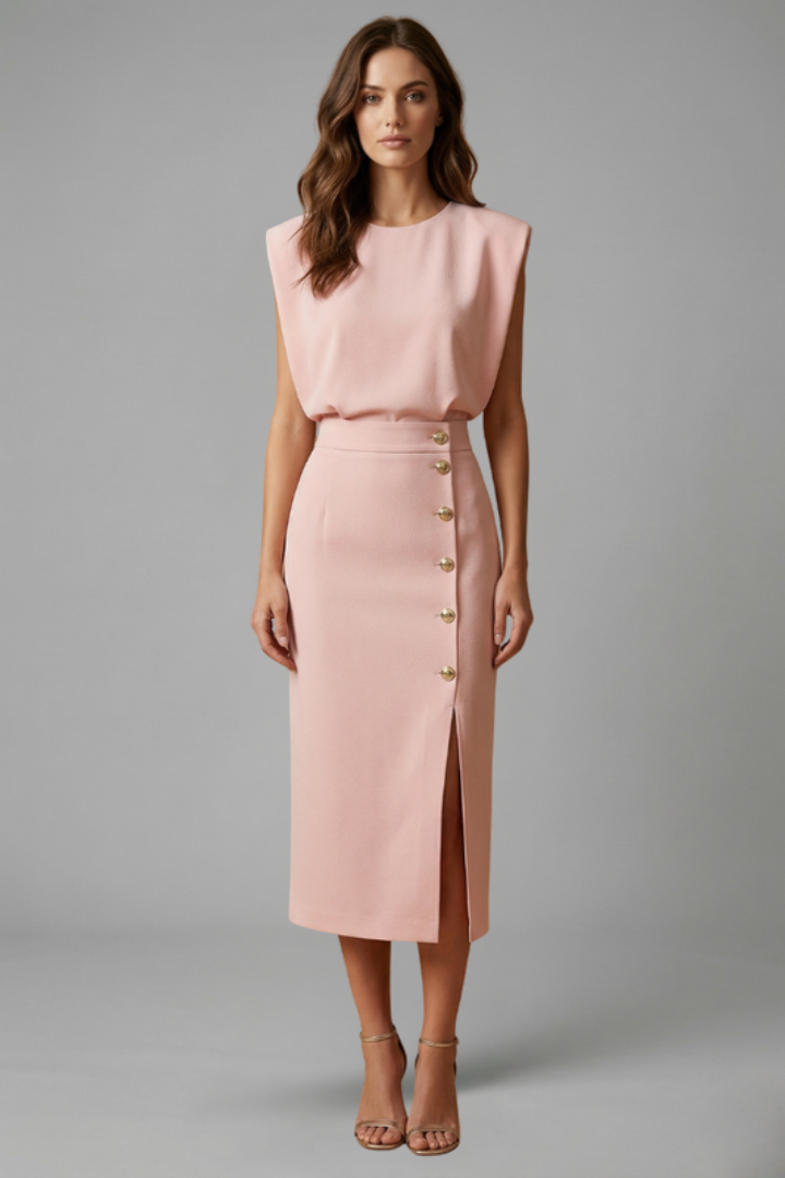 Women's Round Neck Midi Dress — Sleeveless Button Slit Summer Dress