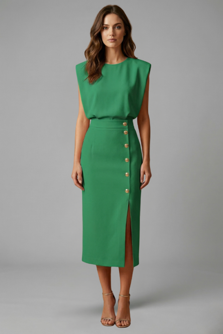 Women's Round Neck Midi Dress — Sleeveless Button Slit Summer Dress
