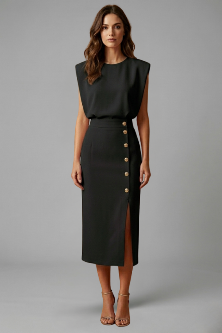 Women's Round Neck Midi Dress — Sleeveless Button Slit Summer Dress