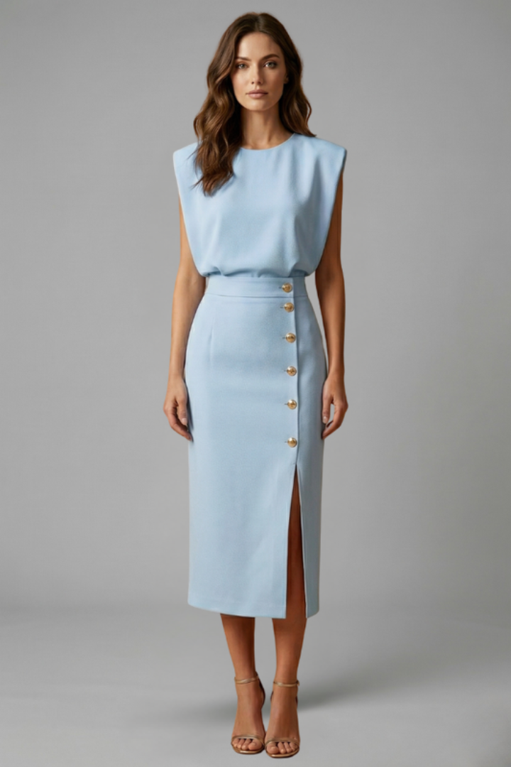 Women's Round Neck Midi Dress — Sleeveless Button Slit Summer Dress
