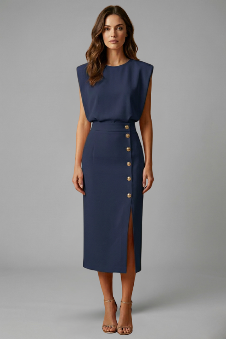 Women's Round Neck Midi Dress — Sleeveless Button Slit Summer Dress