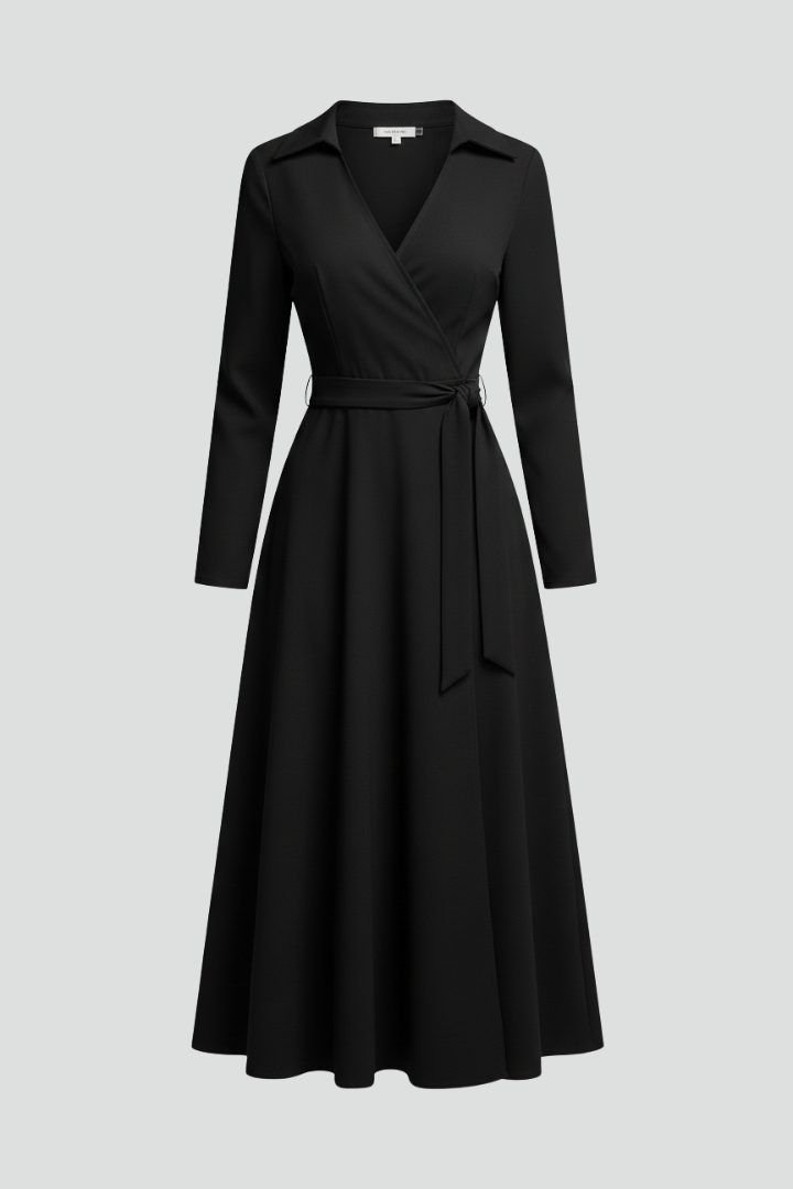 Women's collared wrap midi dress with tie waist and three-quarter sleeves