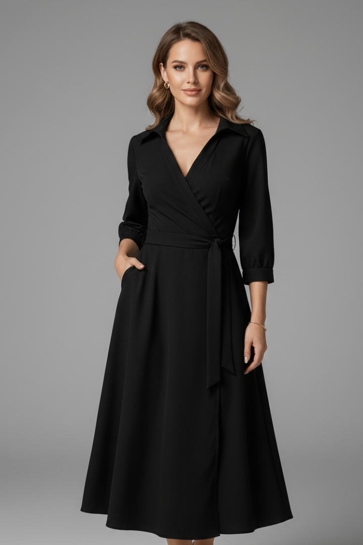 Women's collared wrap midi dress with tie waist and three-quarter sleeves