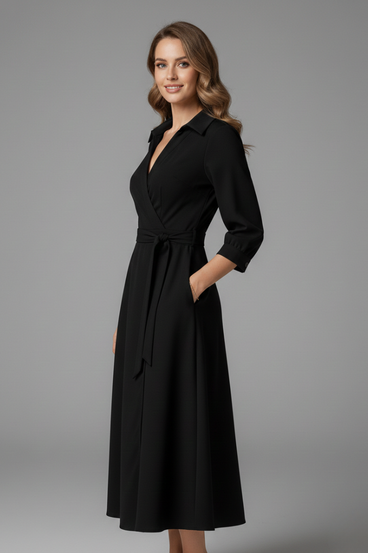 Women's collared wrap midi dress with tie waist and three-quarter sleeves