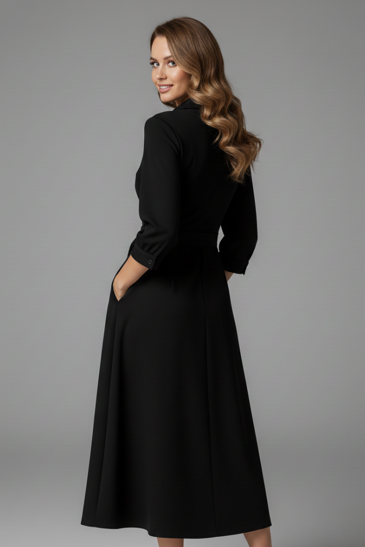 Women's collared wrap midi dress with tie waist and three-quarter sleeves