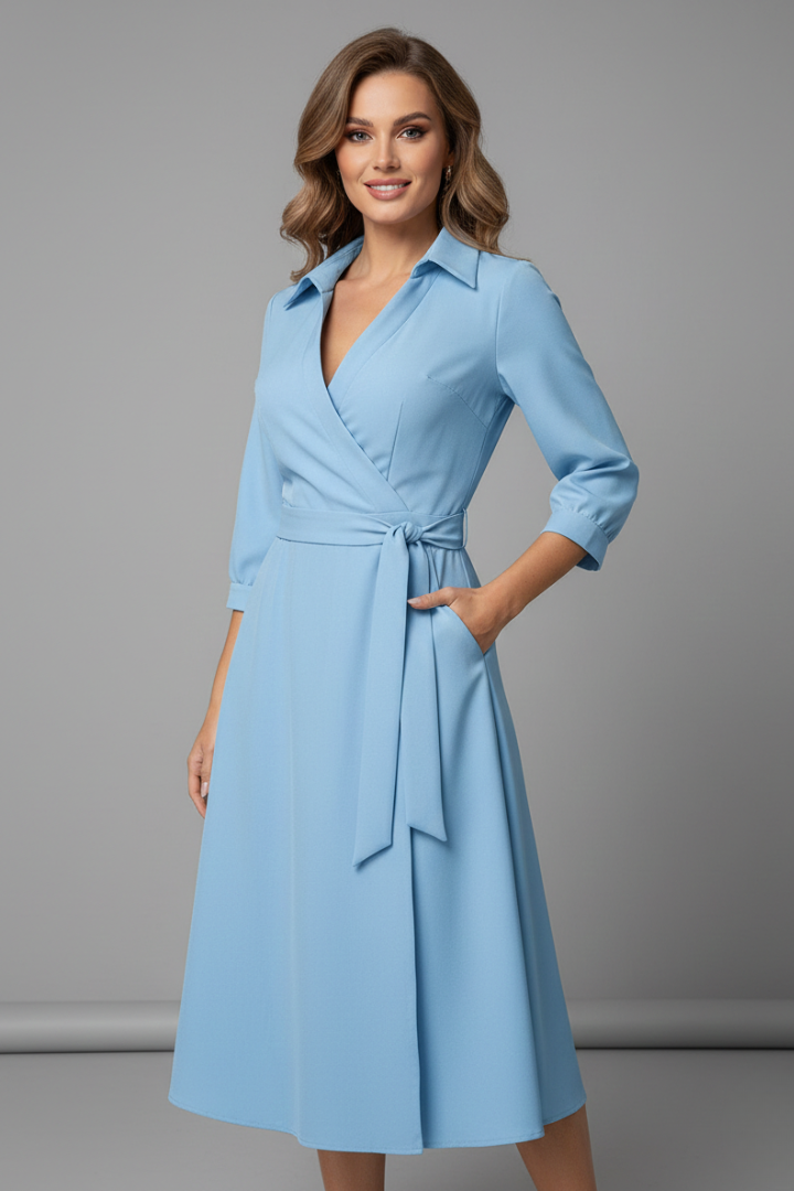 Women's collared wrap midi dress with tie waist and three-quarter sleeves