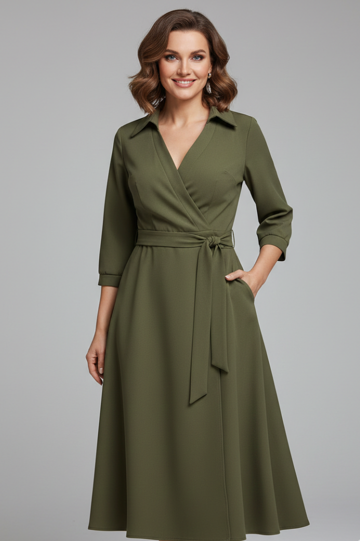 Women's collared wrap midi dress with tie waist and three-quarter sleeves