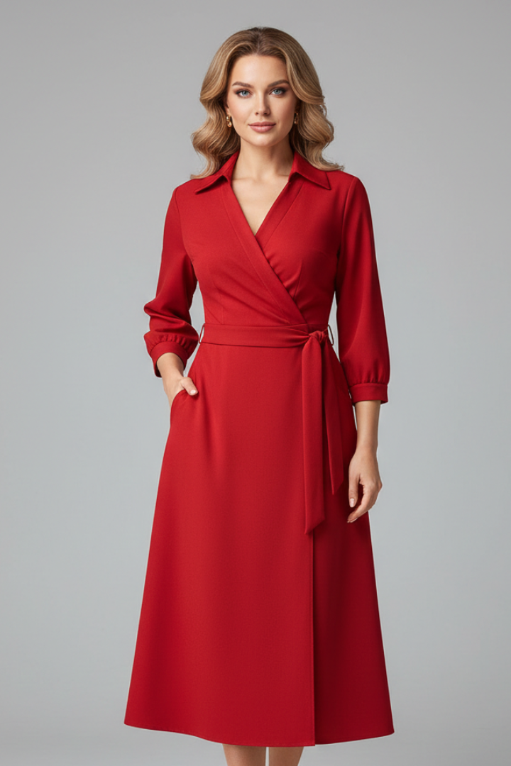 Women's collared wrap midi dress with tie waist and three-quarter sleeves
