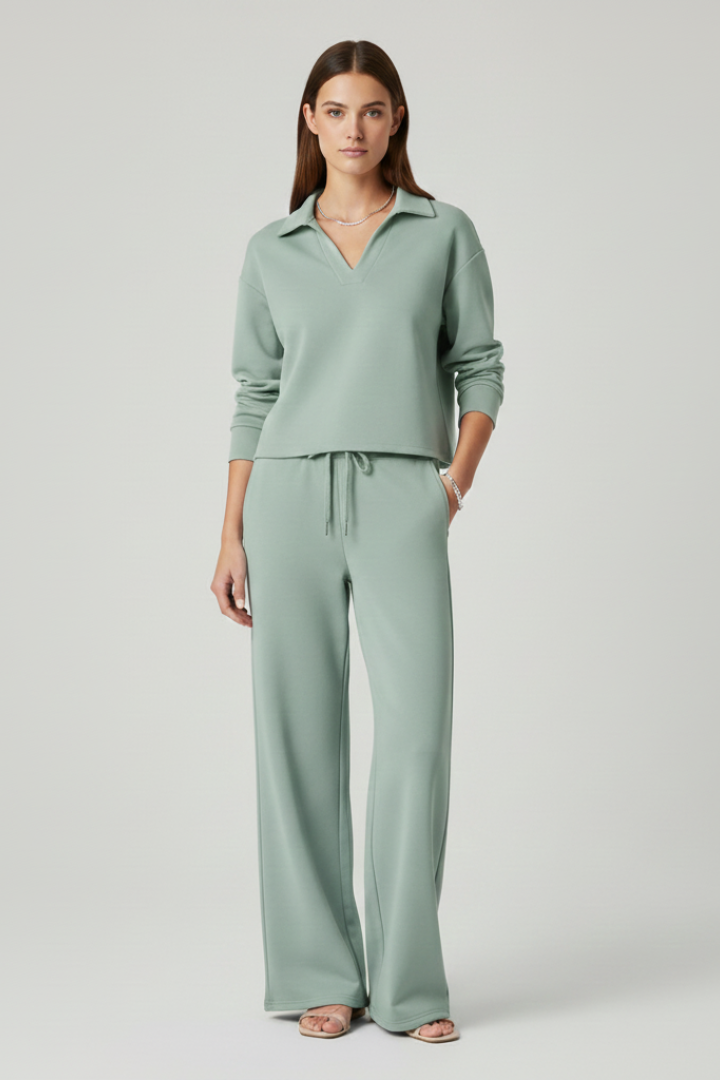 Women’s Two-Piece Set with V-Neck Top and Wide-Leg Pants - Image 6