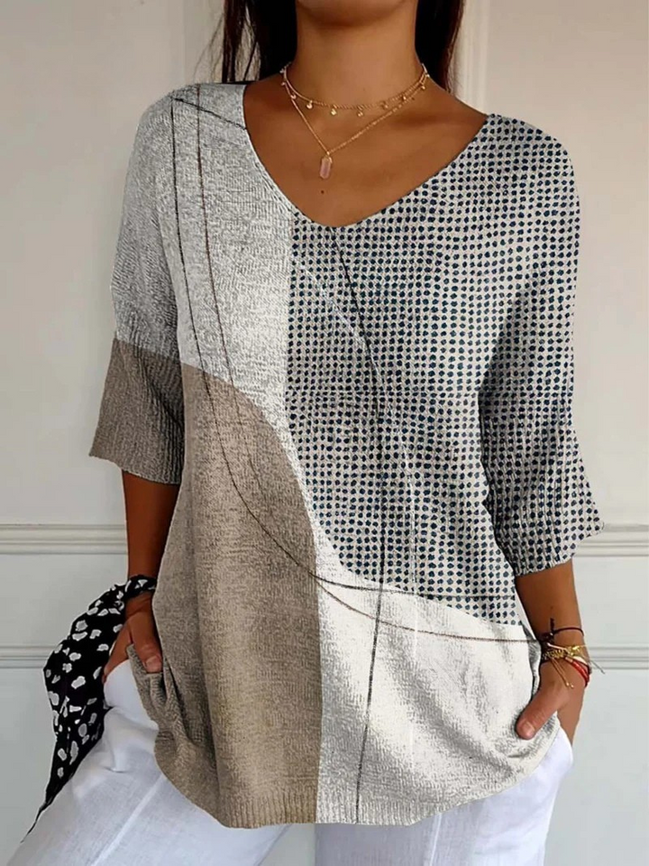 Women's multicoloured geometric knit jumper with round neck and three-quarter sleeves