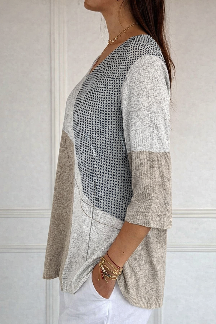 Women's multicoloured geometric knit jumper with round neck and three-quarter sleeves