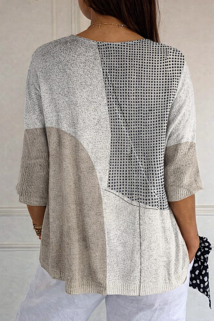 Women's multicoloured geometric knit jumper with round neck and three-quarter sleeves