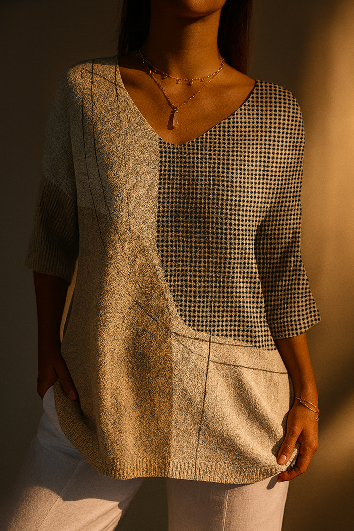 Women's multicoloured geometric knit jumper with round neck and three-quarter sleeves