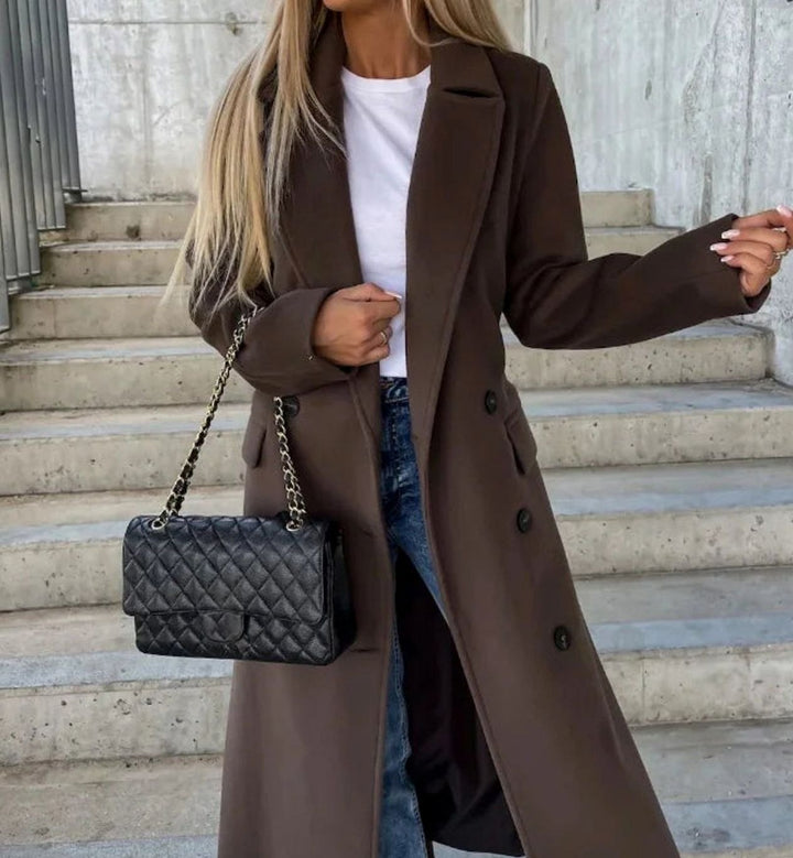Women's long coat with notched lapel, button front, long sleeves and front pockets