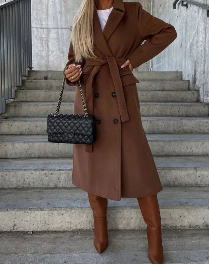 Women's long coat with notched lapel, button front, long sleeves and front pockets