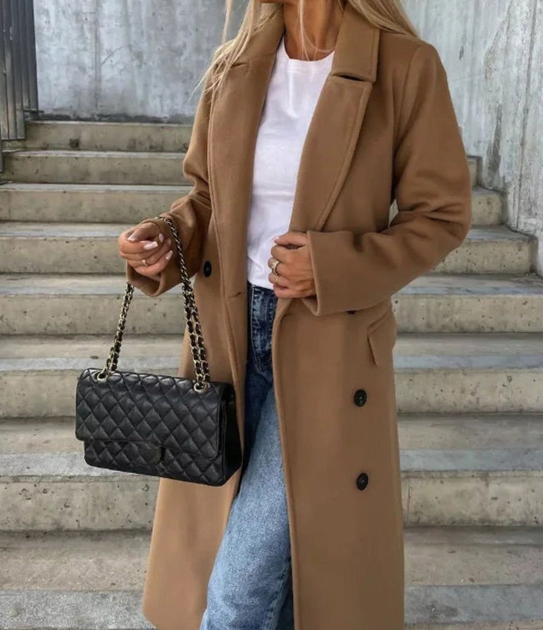 Women's long coat with notched lapel, button front, long sleeves and front pockets