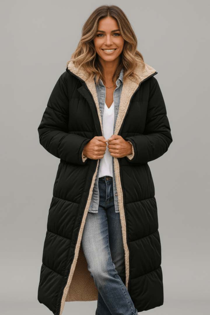 Women's hooded longline puffer coat with quilted panels
