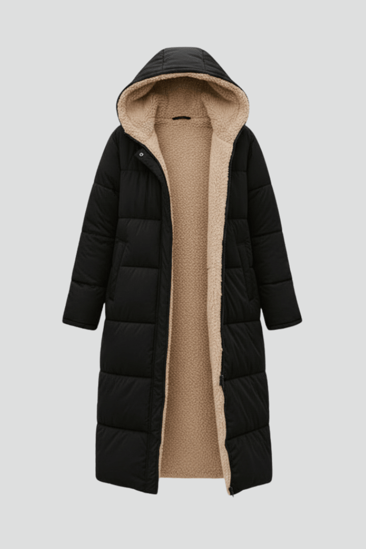 Women's hooded longline puffer coat with quilted panels