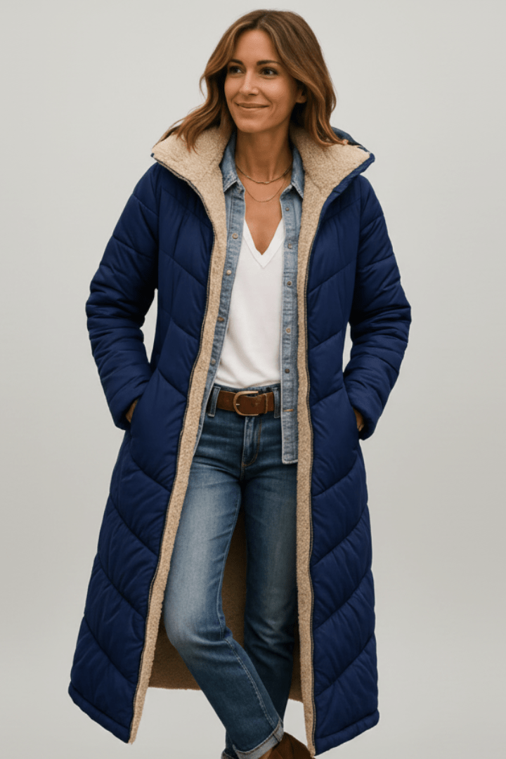 Women's hooded longline puffer coat with quilted panels