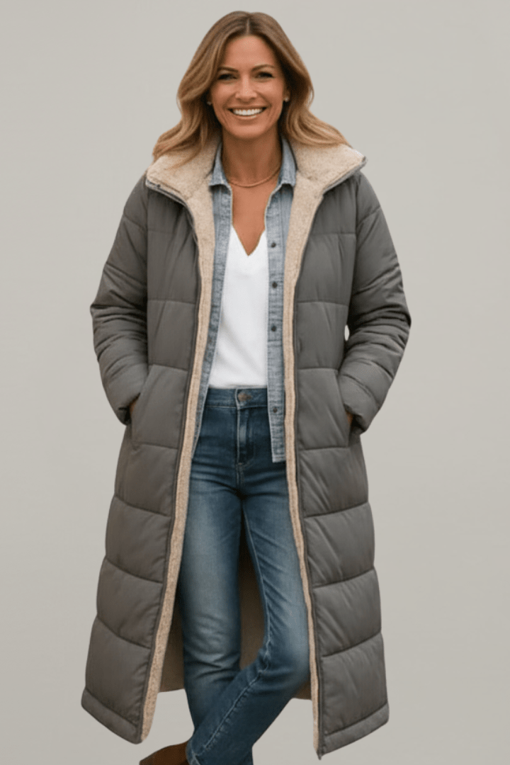Women's hooded longline puffer coat with quilted panels