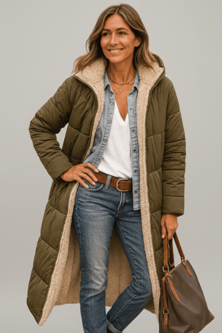 Women's hooded longline puffer coat with quilted panels
