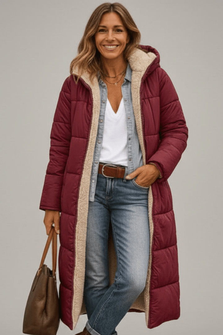 Women's hooded longline puffer coat with quilted panels