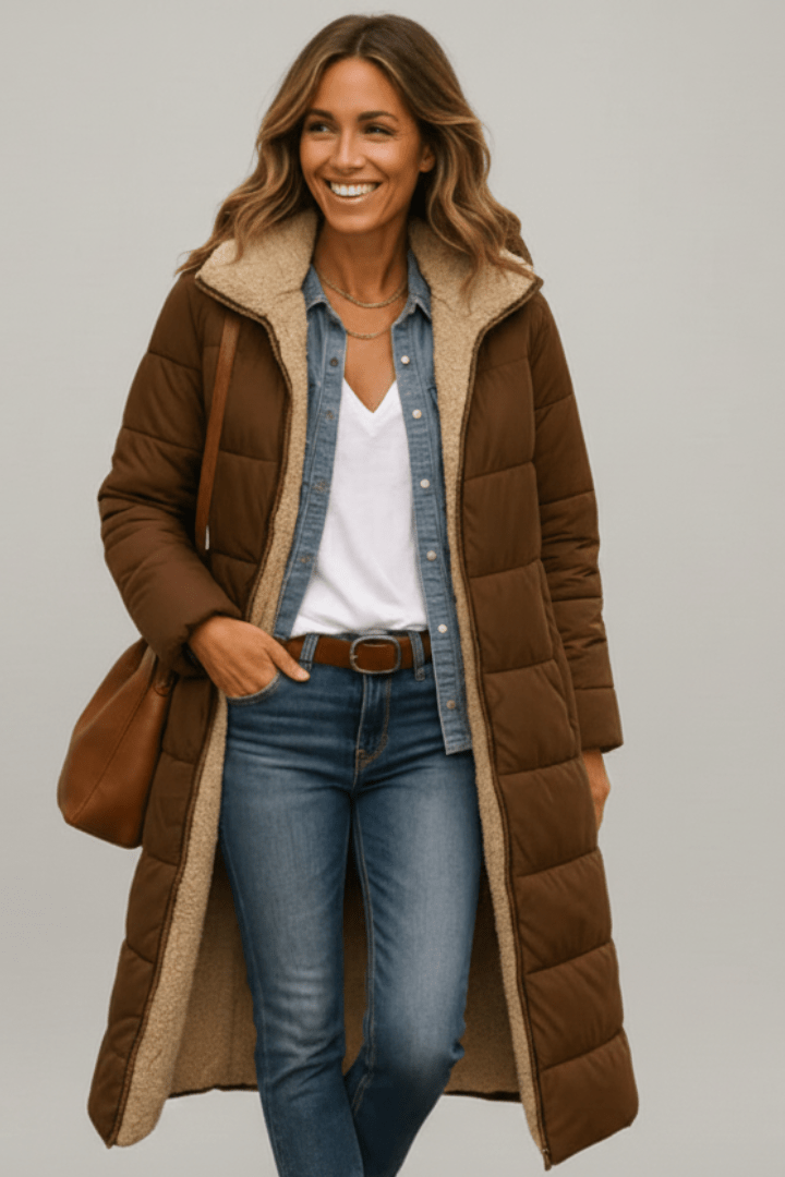 Women's hooded longline puffer coat with quilted panels